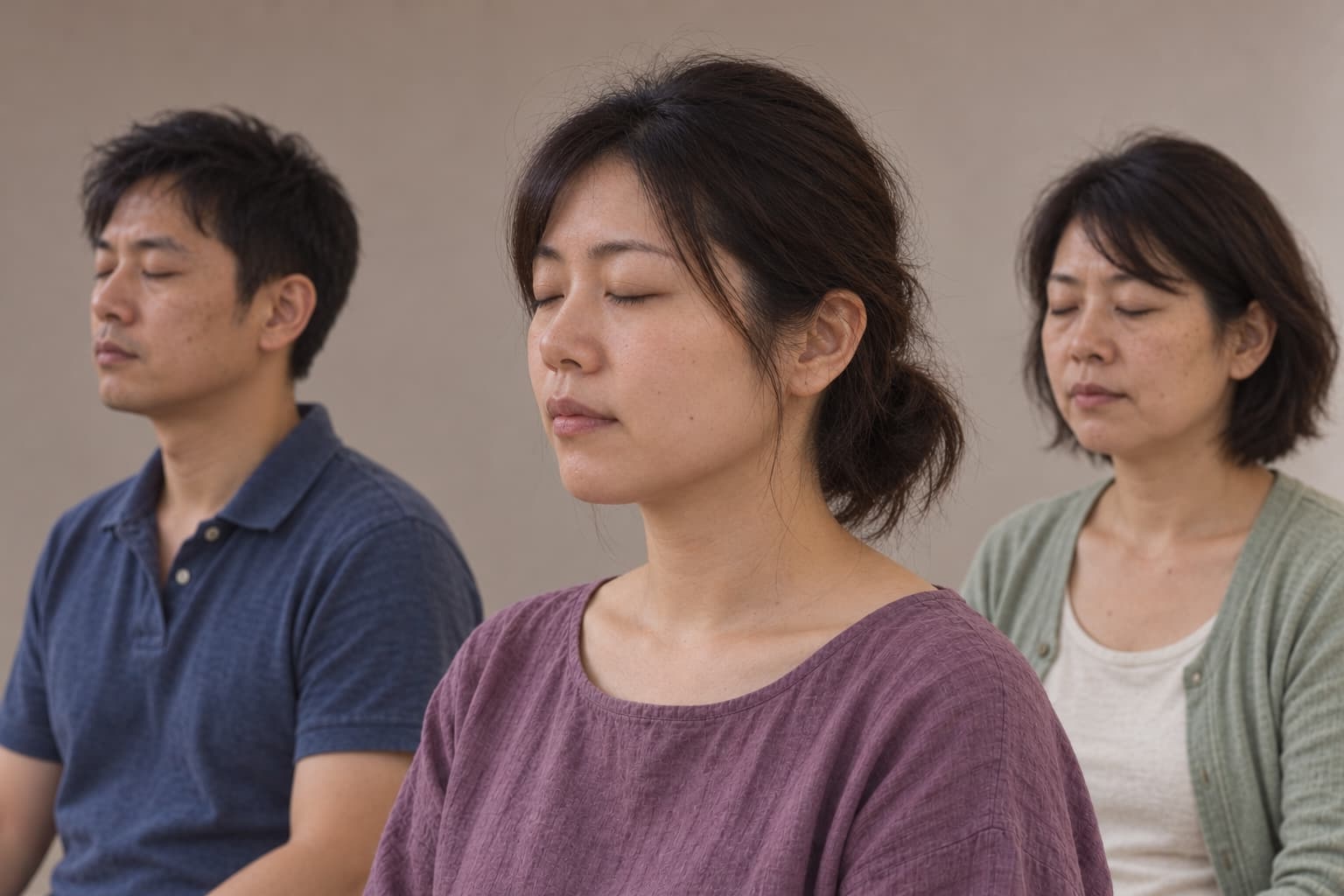 三位練習者在室內一起靜坐