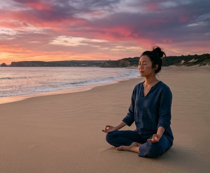 夕陽下在海邊靜坐的練習者